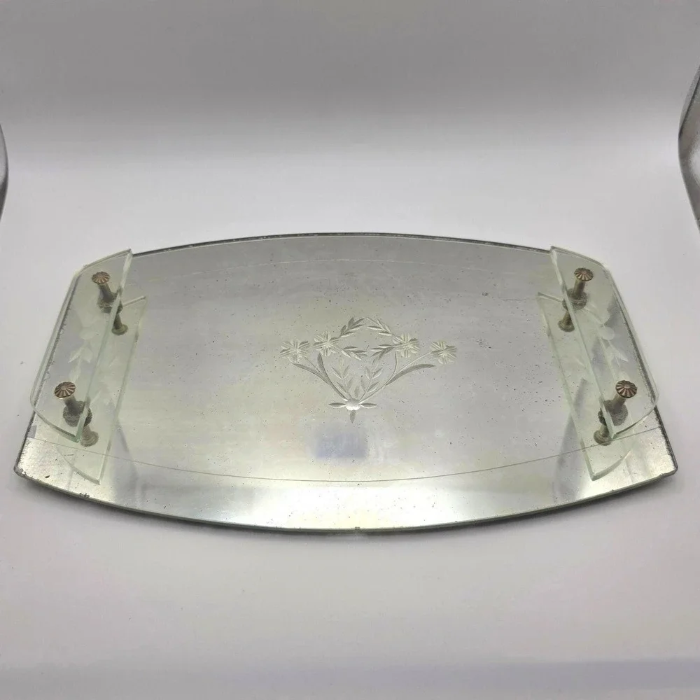 Vintage Art Deco Mirrored Vanity Tray Etched Floral Glass Handles Rosette Detail
